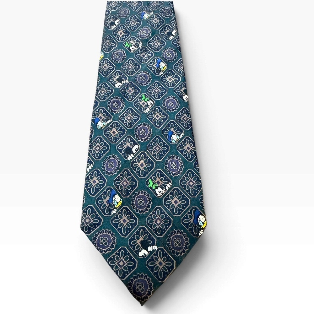 Mickey Inc Disney Mens Teal Silk Geometric Medallion Tie Mickey Donald Goofy